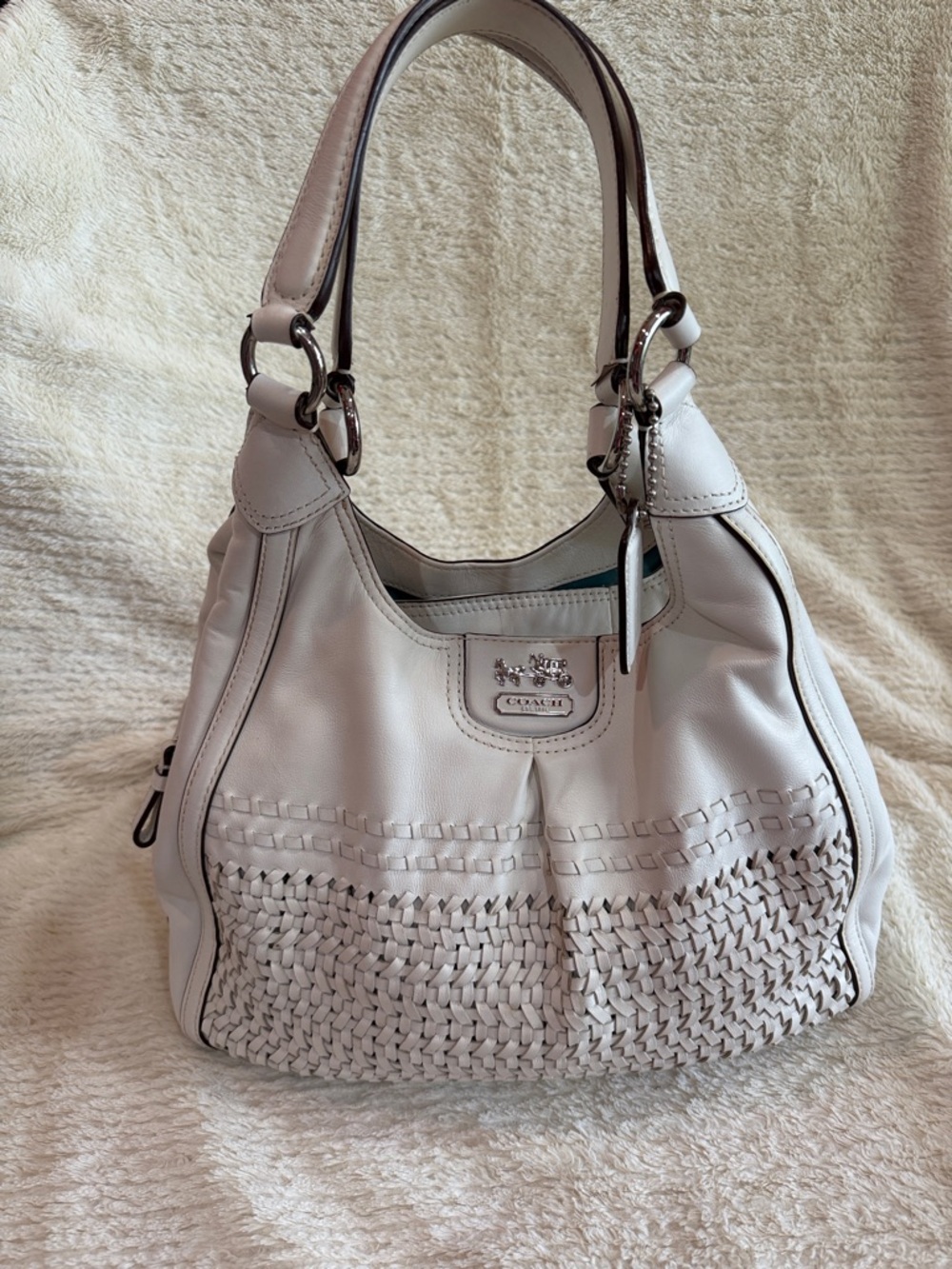 Coach Cream Leather Woven Shoulder Hobo Bag